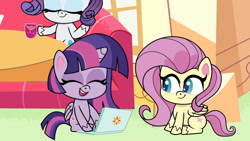 Size: 1192x670 | Tagged: safe, derpibooru import, screencap, fluttershy, rarity, twilight sparkle, twilight sparkle (alicorn), alicorn, pegasus, pony, unicorn, magical mare-story tour, my little pony: pony life, spoiler:pony life s02e13, computer, cup, eyes closed, female, laptop computer, laughing, mare, open mouth, sugarcube corner, teacup, trio, trio female