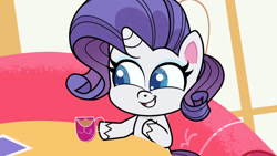 Size: 1192x670 | Tagged: safe, derpibooru import, screencap, rarity, pony, unicorn, magical mare-story tour, my little pony: pony life, spoiler:pony life s02e13, cup, female, mare, solo, sugarcube corner, teacup