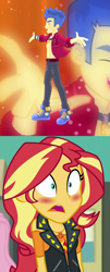 Size: 1187x2952 | Tagged: safe, derpibooru import, edit, edited screencap, screencap, flash sentry, sunset shimmer, better together, cheer you on, equestria girls, forgotten friendship, blushing, clothes, female, flashimmer, geode of empathy, magical geodes, male, open clothes, open shirt, shipping, shipping domino, shirt, straight