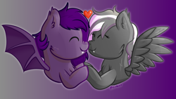 Size: 3840x2160 | Tagged: safe, artist:exobass, derpibooru import, oc, oc:lili, oc:midnight purple, bat pony, hybrid, pegabat, ^^, bat pony oc, cheek fluff, chest fluff, commission, couple, ear fluff, ears, eyes closed, facial markings, fangs, female, halfbody, holding hooves, male, mare, nuzzling, simple background, stallion, ych result