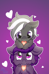 Size: 2000x3000 | Tagged: safe, artist:exobass, derpibooru import, oc, oc:lili, oc:midnight purple, bat pony, hybrid, pegabat, bat pony oc, cheek fluff, chest fluff, commission, couple, ear fluff, ears, facial markings, heart, holding, looking at each other, looking at someone, on top, simple background, ych result