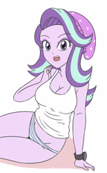 Size: 2192x3543 | Tagged: safe, artist:sumin6301, derpibooru import, starlight glimmer, human, equestria girls, beanie, breasts, clothes, female, hat, high res, lipstick, looking at you, open mouth, panties, sitting, solo, starlight jiggler, tanktop, underwear, watch, wristwatch