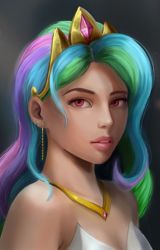 Size: 1021x1600 | Tagged: safe, artist:camyllea, derpibooru import, princess celestia, human, bare shoulders, humanized, sleeveless, solo, strapless