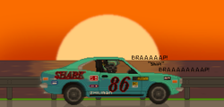 Size: 1640x790 | Tagged: safe, artist:blued_cross31, derpibooru import, oc, bat pony, pony, bat pony oc, car, female, flatout, mazda, mazda rx-3, ocean, pixel art, pony town, sunglasses, sunset, vehicle, water