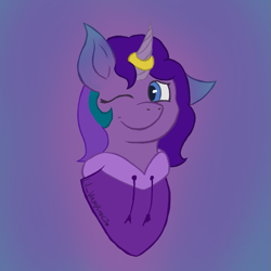 Size: 945x945 | Tagged: safe, artist:lil_vampirecj, derpibooru import, oc, oc only, oc:mauve, hybrid, pony, bust, jewelry, looking at you, one eye closed, pegicorn, portrait, ring, smiling, smiling at you, solo, wink, winking at you