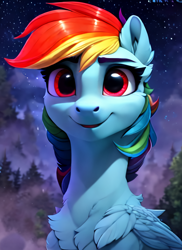 Size: 2048x2816 | Tagged: safe, derpibooru import, generator:purplesmart.ai, generator:stable diffusion, machine learning generated, rainbow dash, pegasus, pony, bust, chest fluff, close-up, detailed background, female, mare, night, portrait, smiling, the quality of ai art is frightening