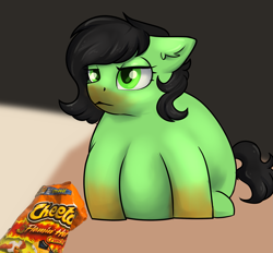 Size: 2347x2178 | Tagged: safe, artist:dumbwoofer, derpibooru import, oc, oc:anon filly, earth pony, pony, cheeto dust, cheetos, ear fluff, ears, fat, female, filly, foal, messy, messy eating, simple background, solo