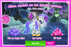 Size: 1964x1300 | Tagged: safe, derpibooru import, rarity, pony, robot, robot pony, unicorn, advertisement, antennae, camera, costs real money, english, female, gameloft, gem, hologram, horn, magic coins, mare, numbers, official, raribot, roboticization, sale, solo, solo focus, text, tree