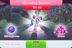Size: 1268x857 | Tagged: safe, derpibooru import, rarity, pony, robot, robot pony, unicorn, antennae, bundle, camera, costs real money, english, female, gameloft, gem, hologram, horn, magic coins, mare, numbers, official, raribot, roboticization, sale, solo, solo focus, text, tree