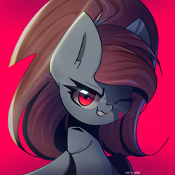 Size: 2000x2000 | Tagged: safe, artist:miryelis, derpibooru import, oc, oc only, oc:rainven wep, pegasus, pony, big ears, bust, cut, ears, female, look, looking at you, ponytail, red eyes, signature, simple background, smiling, solo