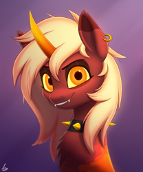 Size: 2000x2400 | Tagged: safe, artist:luminousdazzle, derpibooru import, oc, oc only, oc:jackie, pony, unicorn, bust, chest fluff, collar, colored horn, curved horn, ear piercing, earring, eyebrows, fangs, female, glowing, glowing eyes, grin, high res, horn, jewelry, looking at you, mare, piercing, signature, simple background, smiling, smiling at you, solo, spiked collar, unicorn oc