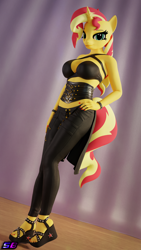 Size: 2160x3840 | Tagged: safe, artist:shadowboltsfm, derpibooru import, sunset shimmer, anthro, plantigrade anthro, unicorn, 3d, 4k, blender, bra, bracelet, breasts, clothes, corset, feet, female, hand on hip, high heels, high res, jewelry, looking at you, not sfm, sandals, sexy, shoes, smiling, solo, toes, underwear