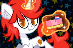 Size: 1772x1181 | Tagged: safe, artist:spacekitsch, derpibooru import, oc, oc only, oc:stroopwafeltje, oc:waffles, pony, unicorn, cutie mark, flag, magic, solo, telekinesis