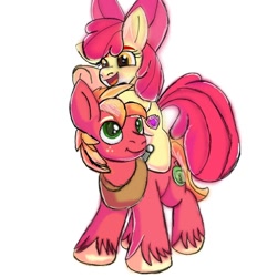 Size: 1378x1378 | Tagged: safe, artist:mlpsprout, derpibooru import, apple bloom, big macintosh, earth pony, pony, apple bloom riding big macintosh, brother and sister, female, filly, foal, male, open mouth, siblings, simple background, smiling, stallion, unshorn fetlocks, white background