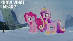 Size: 1280x720 | Tagged: safe, derpibooru import, edit, edited screencap, editor:quoterific, screencap, pinkie pie, princess cadance, party pooped, snow, snowfall