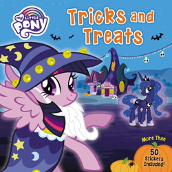 Size: 648x648 | Tagged: safe, derpibooru import, princess luna, twilight sparkle, twilight sparkle (alicorn), alicorn, bat, luna eclipsed, book cover, clothes, costume, cover, halloween, halloween costume, holiday, logo, my little pony logo, nightmare night, official, pumpkin, star swirl the bearded costume, stock vector