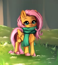 Size: 2180x2416 | Tagged: safe, artist:miokomata, derpibooru import, fluttershy, pegasus, pony, chest fluff, clothes, colored hooves, cute, female, freckles, freckleshy, grass, grass field, high res, looking at you, mare, scarf, shyabetes, simple background, smiling, smiling at you, snow, solo, weapons-grade cute