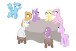 Size: 2704x1836 | Tagged: safe, artist:existencecosmos188, derpibooru import, applejack, fluttershy, pinkie pie, rainbow dash, rarity, spike, starlight glimmer, twilight sparkle, twilight sparkle (alicorn), oc, oc only, alicorn, dragon, pegasus, pony, eyelashes, female, flying, group, male, mare, pegasus oc, simple background, stool, transparent background