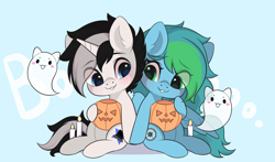 Size: 3000x1767 | Tagged: safe, artist:yomechka, derpibooru import, oc, oc only, ghost, pegasus, pony, undead, unicorn, candle, chibi, commission, duo, horn, pegasus oc, pumpkin bucket, sitting, smiling, unicorn oc, ych result