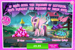 Size: 1964x1300 | Tagged: safe, derpibooru import, idw, princess cadance, alicorn, pony, advertisement, bush, chains, costs real money, crown, ear piercing, english, evil cadance, eyeshadow, female, gameloft, gem, horn, idw showified, jewelry, lilypad, lock, makeup, mare, mirror universe, necklace, numbers, official, piercing, regalia, sale, solo, solo focus, spread wings, text, tree, water, wings