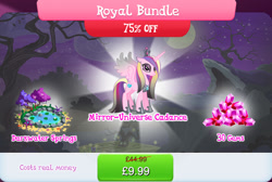 Size: 1268x854 | Tagged: safe, derpibooru import, idw, princess cadance, alicorn, pony, bundle, bush, chains, costs real money, crown, ear piercing, english, evil cadance, eyeshadow, female, gameloft, gem, horn, idw showified, jewelry, lilypad, lock, makeup, mare, mirror universe, necklace, numbers, official, piercing, regalia, sale, solo, solo focus, spread wings, text, tree, water, wings