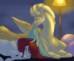 Size: 1280x1066 | Tagged: safe, artist:clouris, derpibooru import, oc, oc only, pegasus, pony, blanket, duo, lamp, lying down, open mouth, pegasus oc, prone, sleeping, wings