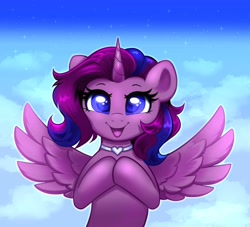 Size: 3768x3423 | Tagged: safe, artist:confetticakez, derpibooru import, oc, oc only, alicorn, pony, alicorn oc, cloud, female, hooves to the chest, hooves together, horn, looking at you, mare, open mouth, open smile, sky, smiling, smiling at you, solo, spread wings, stars, wings