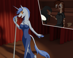 Size: 5730x4531 | Tagged: safe, artist:emc-blingds, derpibooru import, oc, oc only, anthro, earth pony, unicorn, bedroom eyes, clothes, dress, duo, earth pony oc, female, horn, lipstick, microphone, singing, sitting, story included, unicorn oc