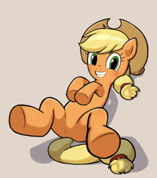 Size: 2618x2978 | Tagged: safe, artist:terzeebo, derpibooru import, applejack, earth pony, pony, butt, cute, eyelashes, featureless crotch, female, freckles, grin, hat, jackabetes, looking at you, lying down, mare, on back, plot, simple background, smiling, solo, underhoof
