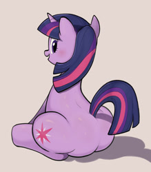 Size: 2800x3200 | Tagged: safe, artist:terzeebo, derpibooru import, twilight sparkle, unicorn twilight, pony, unicorn, butt, female, looking at you, looking back, looking back at you, mare, open mouth, open smile, plot, simple background, sitting, smiling, solo, twibutt