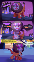 Size: 1927x3501 | Tagged: safe, artist:riukime, derpibooru import, oc, oc only, oc:jinx, big cat, draconequus, hybrid, lion, animal costume, bag, candy, candy bag, clothes, costume, cute, dialogue, draconequus oc, female, filly, foal, food, halloween, holiday, interspecies offspring, mouth hold, nightmare night costume, ocbetes, offspring, parent:discord, parent:twilight sparkle, parents:discolight, this will end in tears, trick or treat