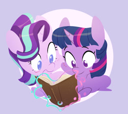 Size: 1280x1140 | Tagged: safe, artist:chub-wub, derpibooru import, starlight glimmer, twilight sparkle, unicorn twilight, pony, unicorn, blushing, book, chibi, cute, duo, female, glimmerbetes, glowing, glowing horn, horn, lesbian, magic, open mouth, reading, shipping, twiabetes, twistarlight