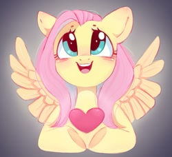 Size: 1175x1071 | Tagged: safe, artist:melodylibris, derpibooru import, fluttershy, pegasus, pony, g4, blushing, bust, cute, ear blush, female, gradient background, heart, looking up, mare, open mouth, open smile, shyabetes, smiling, solo, spread wings, underhoof, wings