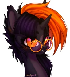 Size: 619x680 | Tagged: safe, artist:minchyseok, artist:uwumakers, derpibooru import, oc, oc only, oc:hijinx, pony, unicorn, big eyes, bust, ear fluff, ears, eyelashes, fangs, freckles, glasses, nonbinary, pale belly, simple background, smiling, solo, white background