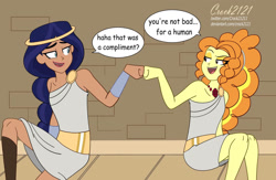 Size: 1106x722 | Tagged: safe, artist:crock2121, derpibooru import, adagio dazzle, human, equestria girls, amazon, amazonian, bare shoulders, crossover, dc comics, dc superhero girls, dialogue, diana prince, duo, duo female, female, fist bump, sleeveless, wonder woman