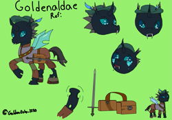 Size: 1177x825 | Tagged: safe, derpibooru import, oc, oc:goldenaldae, changeling, adventurer, bag, changeling horn, changeling wings, chibi, clothes, crying, facial expressions, feather, green background, hat, horn, insect wings, medieval, reference sheet, saddle bag, simple background, smiling, solo, sword, uniform, weapon, wings