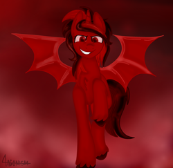 Size: 2016x1960 | Tagged: safe, artist:4agonism, derpibooru import, oc, oc:ravanna, alicorn, bat pony, fanfic:the invasion, cloud, evil, evil grin, female, flying, grin, looking at you, mare, raised hoof, raised leg, red eyes, red sky, smiling, solo, spread wings, unshorn fetlocks, wings