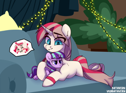 Size: 2918x2160 | Tagged: safe, artist:batavern, derpibooru import, starlight glimmer, oc, oc:dashka bun, pony, unicorn, blue eyes, bracelet, cute, female, hooves, horn, hug, jewelry, lying down, mare, plushie, smiling, smug, sofa, solo