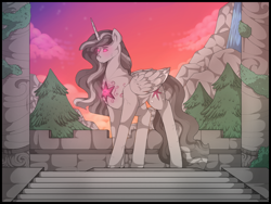 Size: 1280x960 | Tagged: safe, artist:binibean, derpibooru import, twilight sparkle, twilight sparkle (alicorn), alicorn, pony, element of magic, female, glowing, glowing eyes, mare, solo, statue, sunset