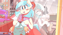 Size: 3840x2160 | Tagged: safe, artist:burgivore, derpibooru import, coco pommel, earth pony, semi-anthro, arm hooves, clothes, crying, dress, duality, looking back, mirror, open mouth, open smile, reflection, sad, sewing machine, smiling, teary eyes