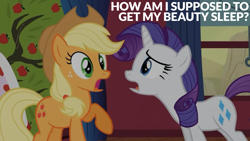 Size: 1920x1080 | Tagged: safe, derpibooru import, edit, edited screencap, editor:quoterific, screencap, applejack, bloomberg, rarity, over a barrel, tree