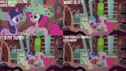 Size: 4400x2475 | Tagged: safe, derpibooru import, edit, edited screencap, editor:quoterific, screencap, pinkie pie, twilight sparkle, unicorn twilight, earth pony, pony, unicorn, feeling pinkie keen, golden oaks library, helmet, stomach growl, stomach noise