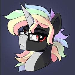 Size: 1730x1730 | Tagged: safe, artist:kaleido, derpibooru import, oc, oc only, oc:kaleido, pony, unicorn, blaze (coat marking), bust, coat markings, facial markings, glasses, lidded eyes, looking at you, male, multicolored hair, rainbow hair, red eyes, show accurate, simple background, solo, stallion