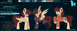 Size: 3921x1566 | Tagged: safe, artist:ghastlyexists, derpibooru import, oc, oc only, oc:rukh, pegasus, pony, fallout equestria, boots, clothes, coat, complex background, cutie mark, ear fluff, ears, enclave, glasses, grin, jewelry, lidded eyes, looking at you, male, necklace, raised hoof, raised leg, reference sheet, shoes, smiling, smiling at you, spread wings, stallion, standing, sweater, text, wings