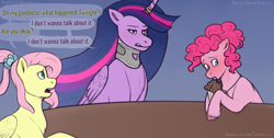 Size: 1500x753 | Tagged: safe, artist:violetpony11, derpibooru import, fluttershy, pinkie pie, princess twilight 2.0, twilight sparkle, twilight sparkle (alicorn), alicorn, earth pony, pegasus, pony, the last problem, blushing, dialogue, drinking, embarrassed, female, implied facesitting, lesbian, looking away, mare, meme, milkshake, neck brace, older, older fluttershy, older pinkie pie, older twilight, shipping, twinkie