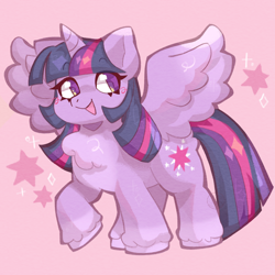 Size: 2000x2000 | Tagged: safe, artist:pillowbunnies, derpibooru import, twilight sparkle, twilight sparkle (alicorn), alicorn, pony, chest fluff, cute, female, mare, open mouth, open smile, pink background, simple background, smiling, solo, spread wings, stars, twiabetes, wings