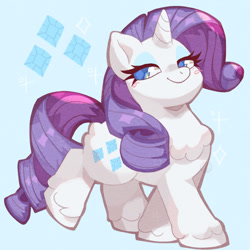 Size: 1280x1280 | Tagged: safe, artist:pillowbunnies, derpibooru import, rarity, pony, unicorn, blue background, chest fluff, cute, diamonds, eyeshadow, female, makeup, mare, raribetes, simple background, smiling, solo