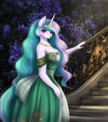 Size: 1085x1230 | Tagged: safe, artist:mdwines, derpibooru import, princess celestia, anthro, bare shoulders, breasts, cleavage, clothes, dress, fantasy, female, garden, jewelry, mare, medieval, necklace, princess breastia, solo, stairs, strapless