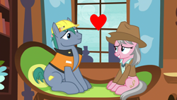 Size: 1920x1090 | Tagged: safe, derpibooru import, edit, edited screencap, screencap, hard hat (character), wrangler, pony, fluttershy leans in, clothes, duo, female, hard hat, hardwrangler, hat, heart, male, shipping, shipping fuel, skunk stripe, straight, ten gallon hat