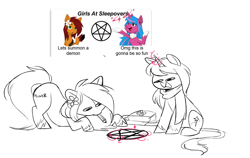 Size: 1421x899 | Tagged: safe, artist:higglytownhero, derpibooru import, oc, oc only, oc:apple bloom, oc:echo shade, earth pony, unicorn, fanfic:song of seven, clothes, colored fetlocks, doodle, earth pony oc, female, glowing, glowing horn, hooves, horn, joke, leaning forward, magic, magic circle, mare, open mouth, pencil, pentagram, raised hoof, raised leg, satchel, scarf, simple background, sleepover, smiling, striped mane, summoning, summoning circle, unicorn oc, unshorn fetlocks